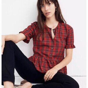 Madewell Women's Blouse Red Studio Ruffle Hem Top in Clanton Plaid Size XS